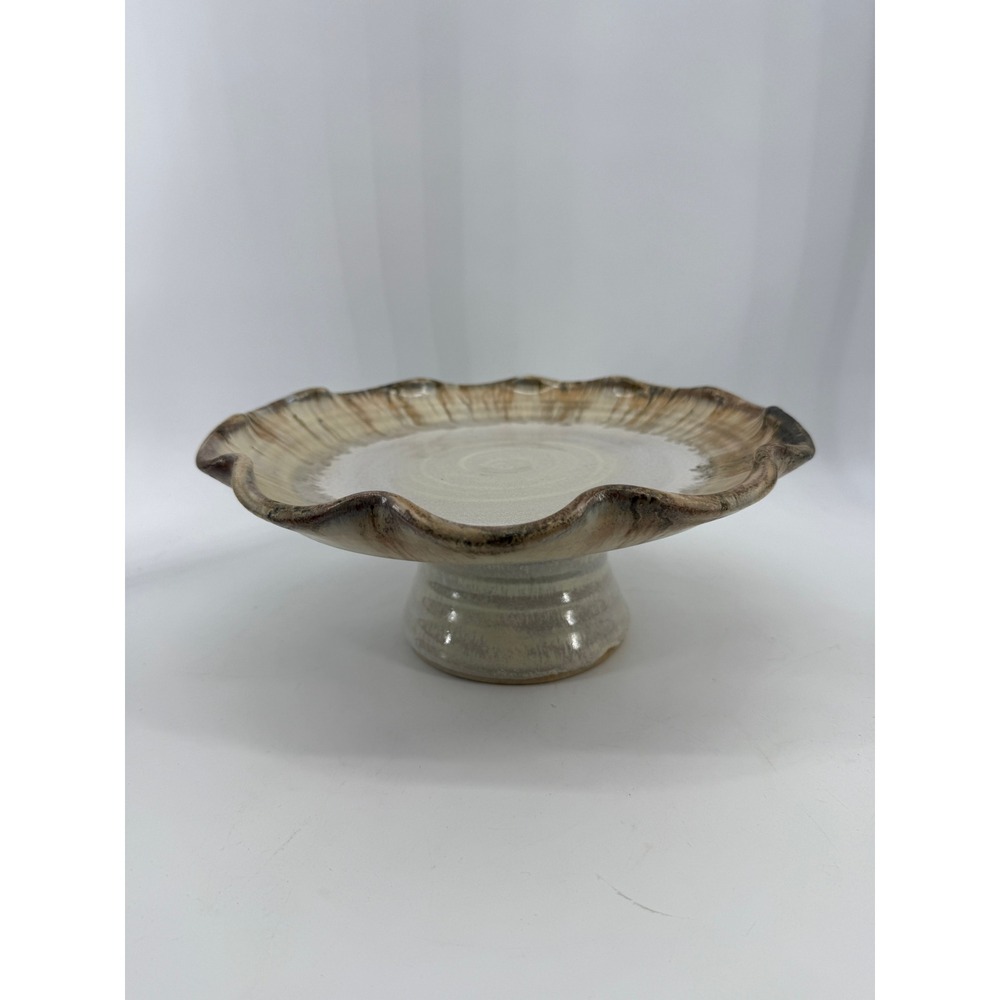 Oregon Pottery Ceramic Cake Stand Small Tan Brown Ruffled Edgeβ Signed